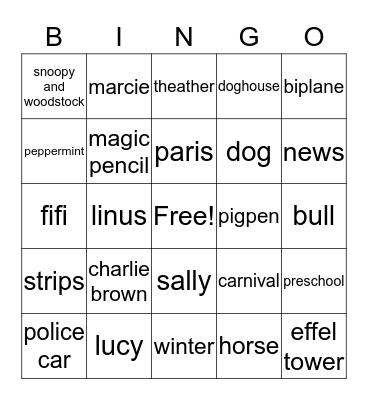 the peanuts movie Bingo Card