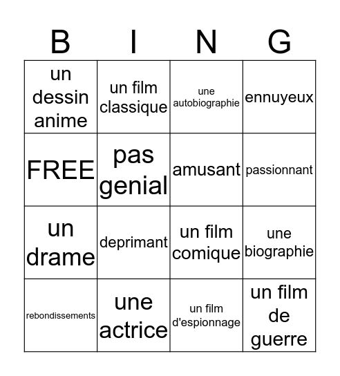 Francais 3/4 - Chapitre 9 Vocabulaire 1 Bingo Card