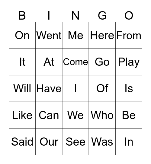 Sight Words  Bingo Card