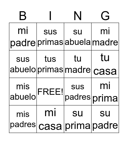 Adjetivos Possesivos Bingo Card