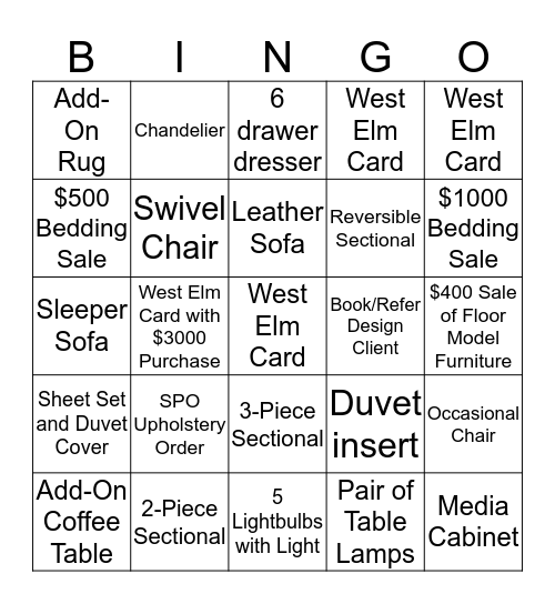 West Elm Bingo Card