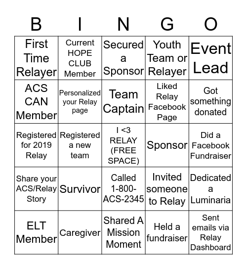 Relay For Life of Tri-Valley 2019 Kickoff Bingo Card