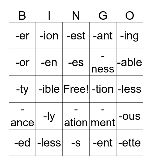 Suffixes Bingo Card