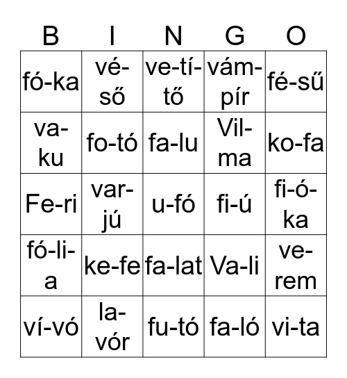 f-v Bingo Card