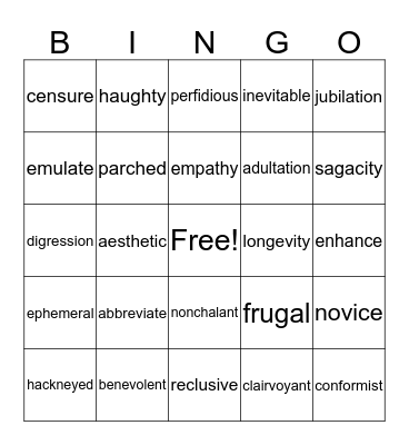 ACT Vocabulary Bingo Card