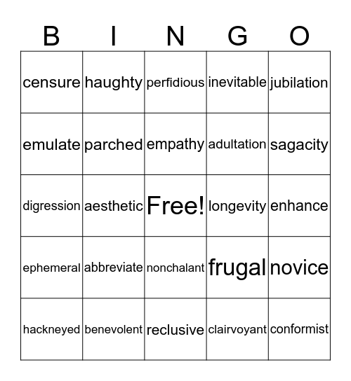 ACT Vocabulary Bingo Card