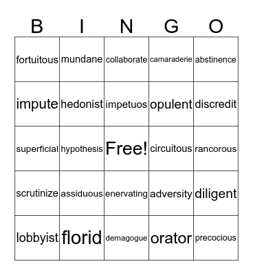 ACT Vocabulary  Bingo Card