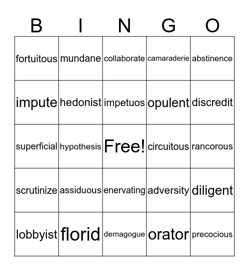 ACT Vocabulary  Bingo Card