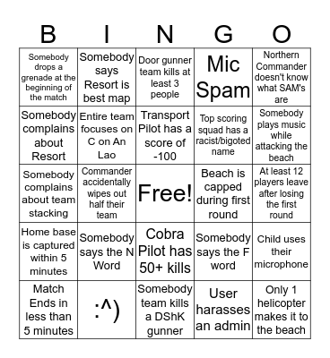 FFO Helicopter Server Bingo Card