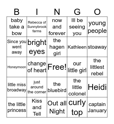 Shirley Temple Films Bingo Card