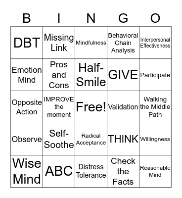 DBT Skills Bingo! Bingo Card