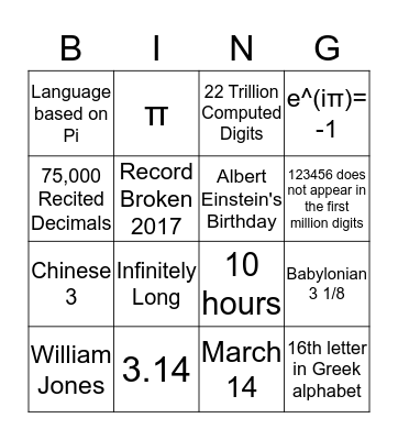 Pi Day Bingo Card