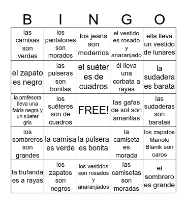 LA ROPA y LOS COLORES (singular y plural) Bingo Card