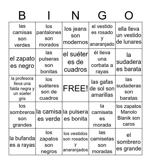 LA ROPA y LOS COLORES (singular y plural) Bingo Card