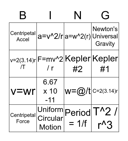 Circular Motion Bingo Card