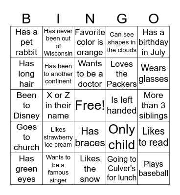 Friendship Bingo Card