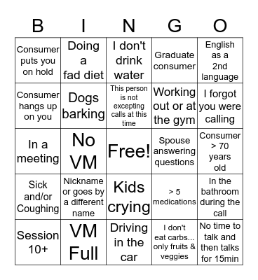 Health Coach Bingo Card