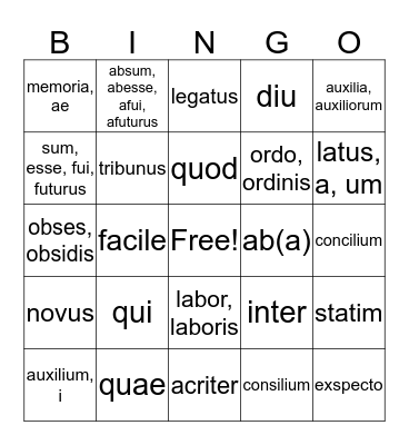 Latin Bingo Card