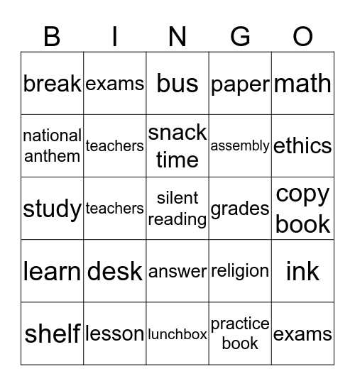 All Things About School Bingo Card