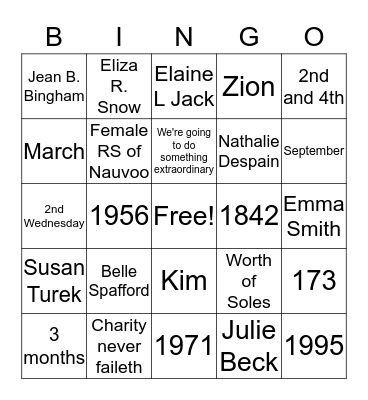 Clarke Farms Relief Society Bingo Card