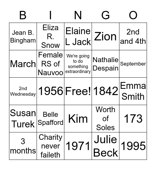 Clarke Farms Relief Society Bingo Card