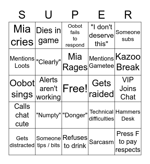 Superxinvader Super Show Bingo! Bingo Card