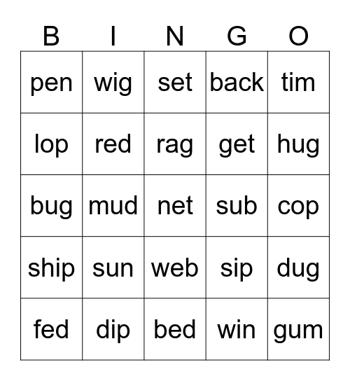 CVC words Bingo Card