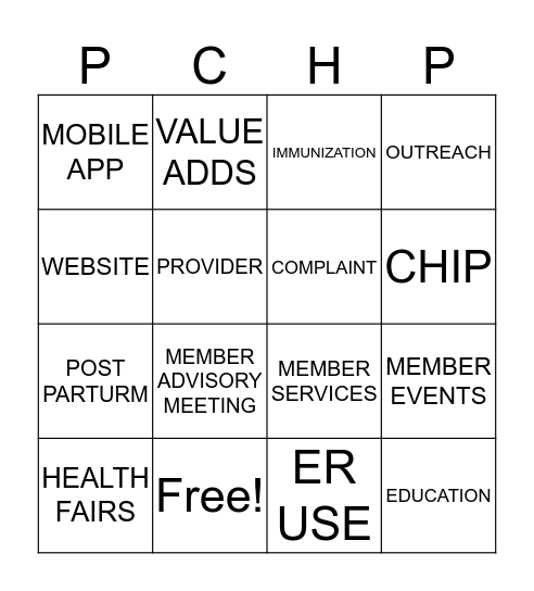 PCHP  Bingo Card