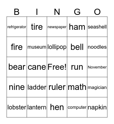 l,r, m, n Bingo Card