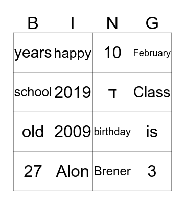 Alon's BirthDay Bingo Card