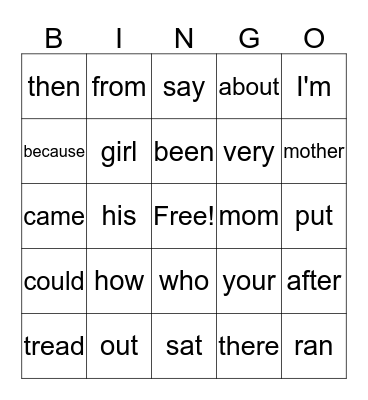 Sight Words Bingo  Bingo Card