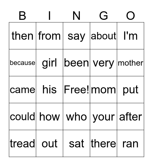 Sight Words Bingo  Bingo Card