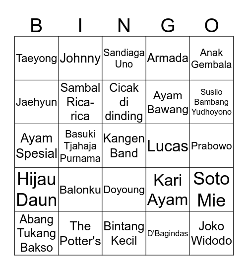 Punya Tamtam! Bingo Card