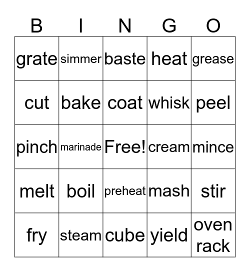 Cooking Bingo Card