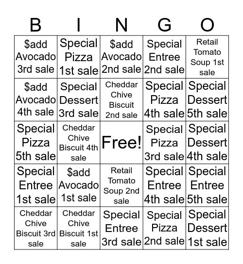 Cashier Bingo Card