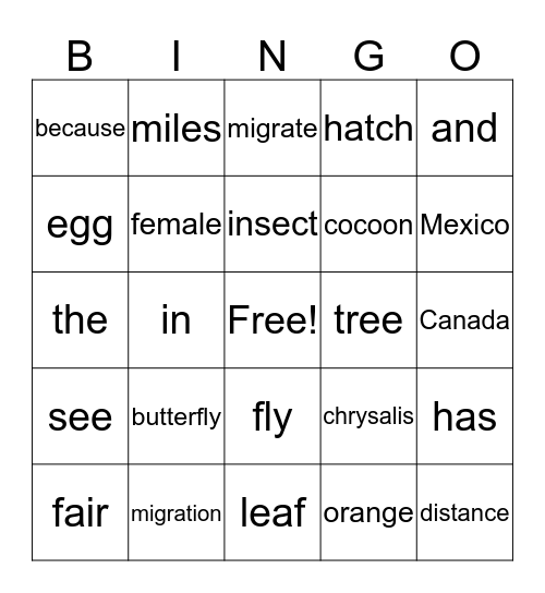 Butterfly Bingo Card