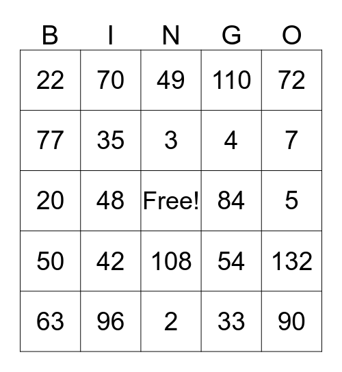 Multiplication Bingo Card