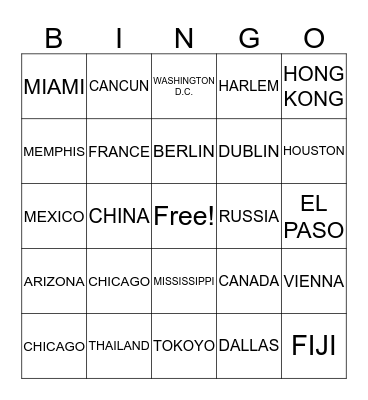 PLACES Bingo Card