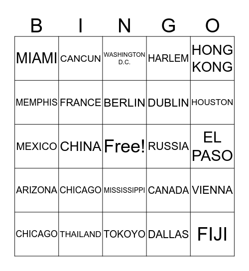 PLACES Bingo Card