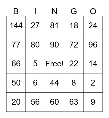 Multiplication Bingo Card