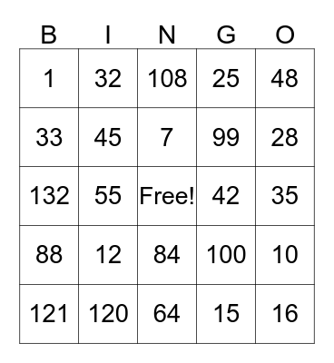 Multiplication Bingo Card