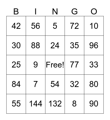 Multiplication Bingo Card