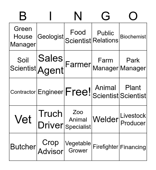 Career's In Ag  Bingo Card