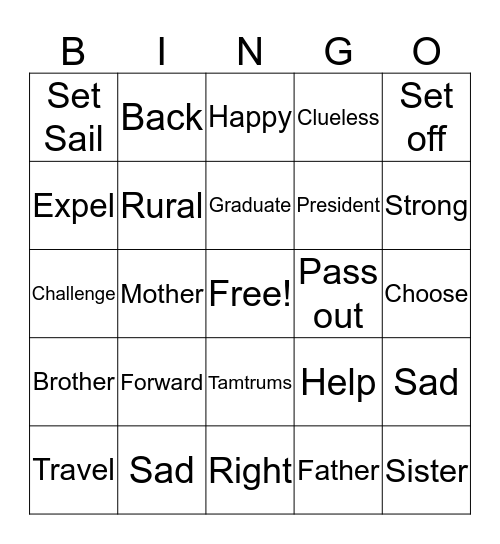 Vocabulary Bingo Card
