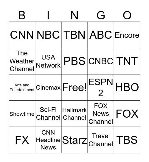 TV Channels Bingo Card