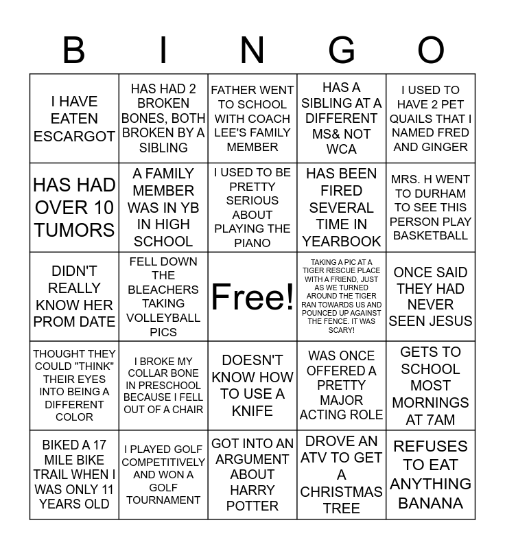 YEARBOOK BINGO Card