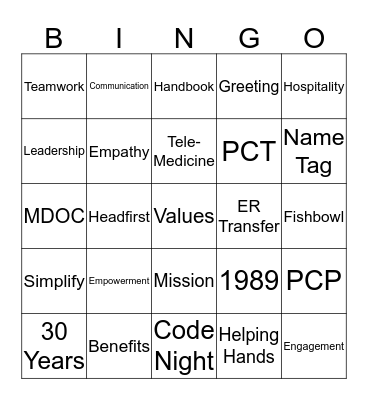 Righttime Medical Care BINGO Card