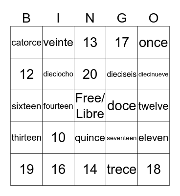 Numbers/ Numeros Bingo Card