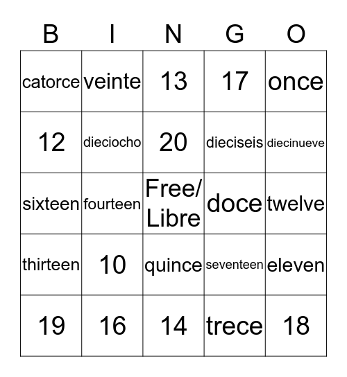 Numbers/ Numeros Bingo Card