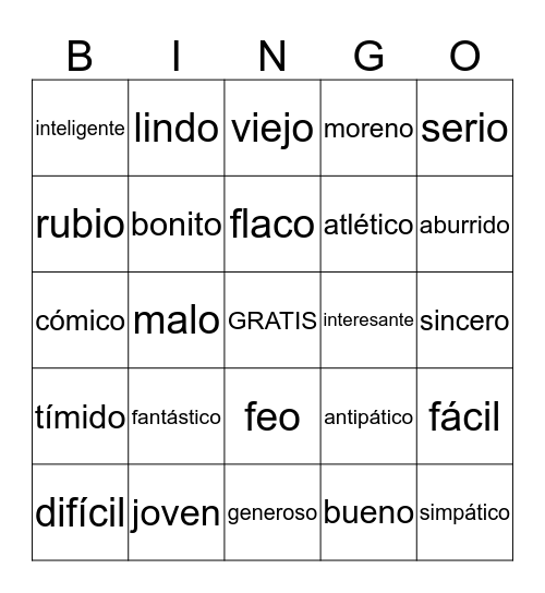 Los adjetivos Bingo Card